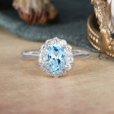 1.5 Carat Classic Halo Lab Grown Aquamarine Ring Oval Shaped Engagement Ring